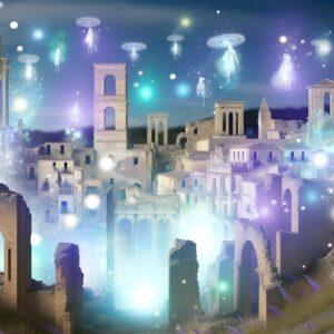 Magical ruins of Belchite with ethereal lights and floating debris in a fantasy render.
