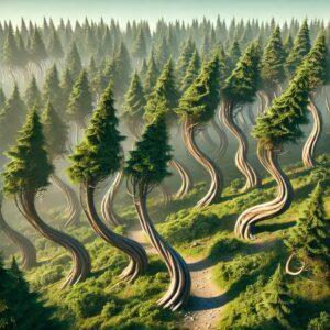 3D render of the Crooked Forest in Poland with bent pine trees in a mystical, fantasy style.
