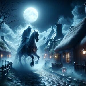 Dullahan legend in Ireland depicted with a spectral headless horseman in an eerie village