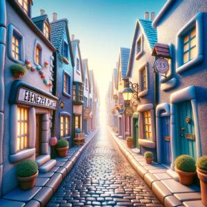 Fantasy 3D render of the world's shortest street, Ebenezer Place, in Wick, Scotland.