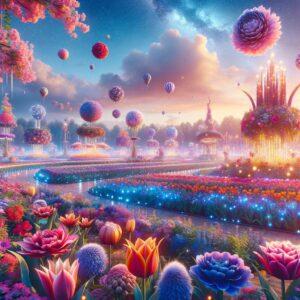 Keukenhof garden in a fantasy 3D render with colorful tulips and magical elements