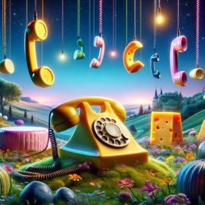 Whimsical 3D hotline with French cheese phones in a magical French countryside