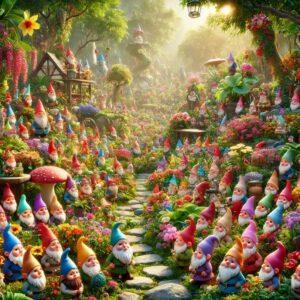 3D render of Germany's largest collection of gnome figurines in a whimsical garden