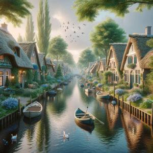 Serene waterway in a fantasy version of Giethoorn with thatched-roof cottages and boats