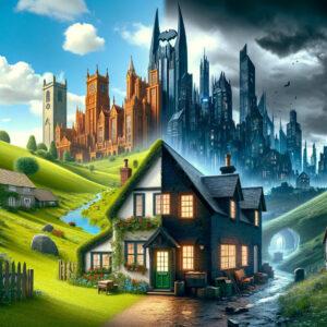 3D rendered image showing Gotham Village's quaint charm transitioning into Gotham City's gothic skyline