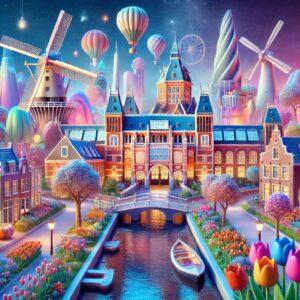 Holland highest museum density fantasy scene with museums and iconic Dutch elements
