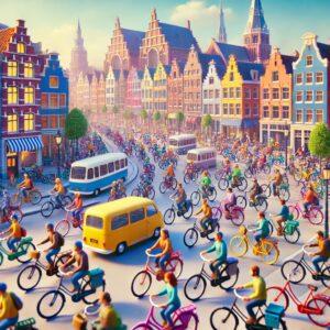 3D render of a vibrant Dutch cityscape with colorful bicycles in fantasy style