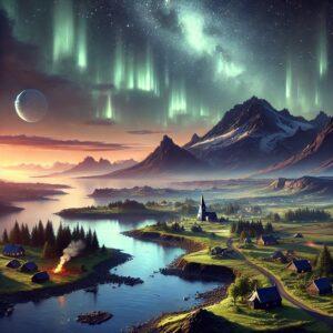 Iceland landscape with volcanic features Northern Lights peaceful villages in 3D fantasy style reflecting no military policy