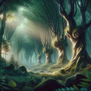 Enchanting 3D fantasy depiction of Ireland Talking Trees in a mystical Irish forest.