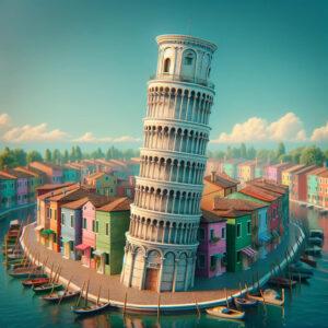 Leaning Tower of Burano amid colorful Burano island in a fantasy 3D style