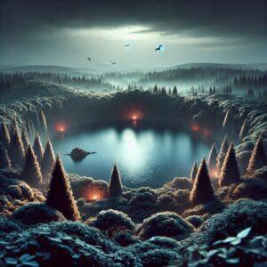 3D render of the Murder Hole lake in Ireland, surrounded by dense vegetation and an eerie, misty atmosphere with no birds in the sky.