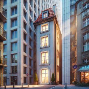 3D render of Poland's narrowest house, the Keret House in Warsaw, nestled between two buildings with a fantasy-like appearance.