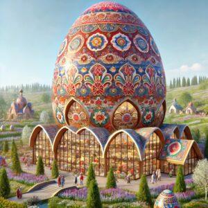 3D render of the Pysanka Museum in Ukraine with a large decorated Easter egg building