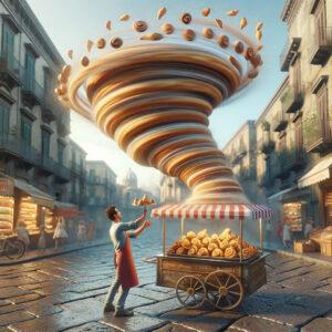 Naples street vendor performing Sfogliatella Tornado against a historic backdrop