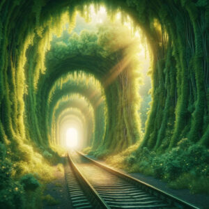3D rendered image of Tunnel of Love in Ukraine with lush green trees and soft light.
