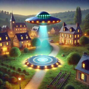 3D render of a UFO landing pad in a French village with colorful lights and a hovering UFO