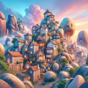 Whimsical houses nestled among giant boulders in Monsanto's unique architectural landscape.