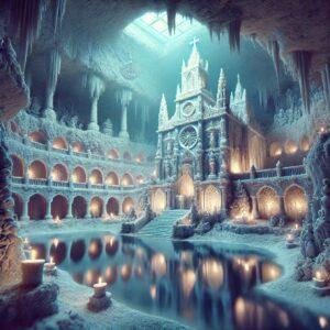 3D render of the Wieliczka Salt Mine in Poland showcasing an underground chapel with salt sculptures and an underground lake