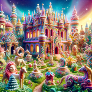 Marzipan museum in a fantasy garden with sculptures and a castle of sweets under an enchanted sky.