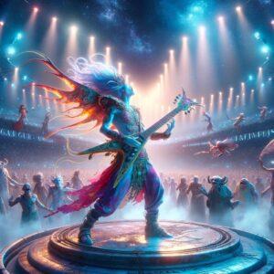 Competitor at Air Guitar World Championships in a fantasy setting, surrounded by cheering creatures.