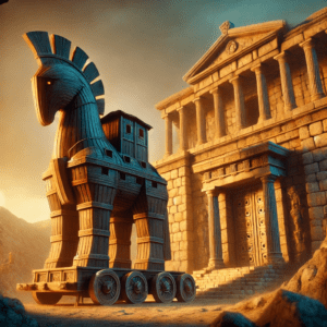 3D render of the ancient city of Troy with stone walls and a large wooden Trojan horse.