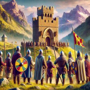 3D render in fantasy style depicting Andorra's unique defense system, the Sometent, with citizen soldiers and Andorran mountains.