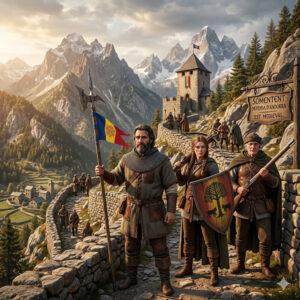 3D render in fantasy style depicting Andorra's unique defense system, the Sometent, with citizen soldiers and Andorran mountains.