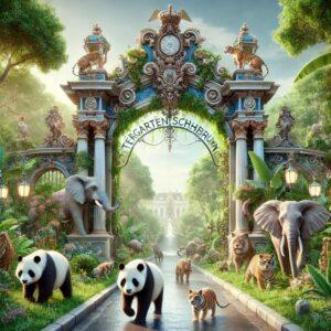 A 3D rendered fantasy-style depiction of Austria's oldest zoo, Tiergarten Schönbrunn, with exotic animals and a baroque entrance gate.