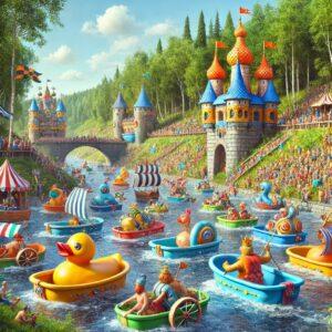 Whimsical 3D render of the bathtub sailing championship in Belarus with colorful, creatively decorated bathtubs racing down a river.