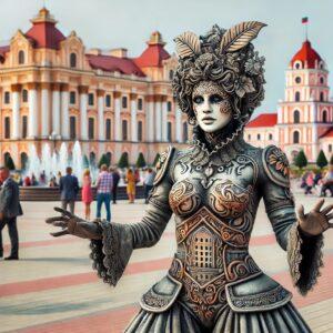 Belarus living statue in elaborate costume and body paint in public space