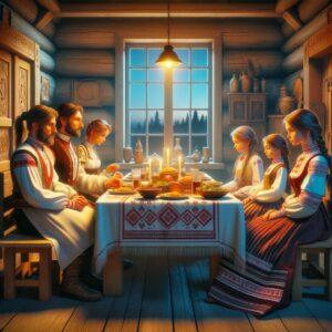 Belarusian family sitting silently at the dinner table in a fantasy-style 3D render