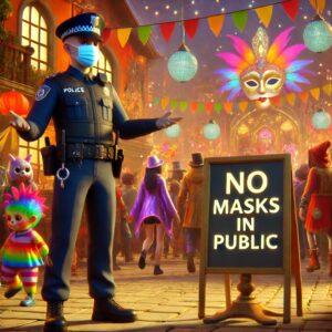 3D render of a law enforcement officer holding a 'No Masks in Public' sign with a vibrant festival in the background, in fantasy style.