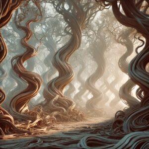 3D render of Bulgaria's Dancing Forest with twisted and peculiar tree shapes in a fantasy style.