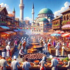 Culinary competition at the Cevapcici Olympics in Bosnia with chefs and spectators in a festive setting.