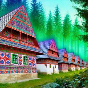 Čičmany village with vibrant hand-painted houses in a fantasy forest setting