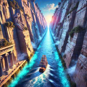 3D render of the Corinth Canal in fantasy style showing a narrow waterway carved through rock