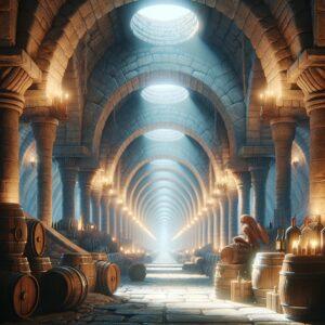 Enchanting 3D render of Cricova underground winery with mystical light and wine barrels