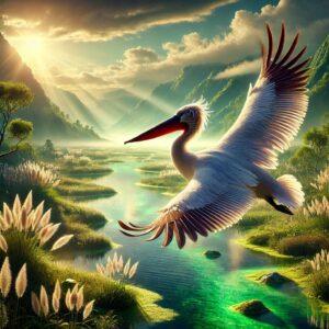 Dalmatian pelican flying over Kosovo's wetlands in a fantasy 3D render.