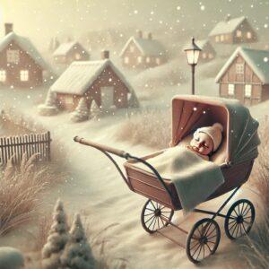Baby naps outdoors in a Danish pram, surrounded by a snowy landscape, embodying Danish outdoor baby napping.