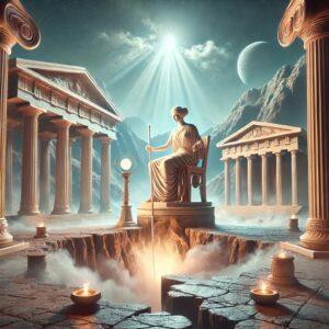 3D render of the Delphi Oracle with the Pythia, ancient Greek architecture, and divine vapors