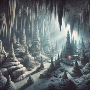 3D rendered fantasy-style scene of Demänovská Cave of Liberty in Slovakia with stunning stalagmites and stalactites.