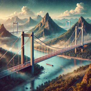 3D render of Đerdap Bridge in fantasy style, world's longest catenary bridge over the Danube River