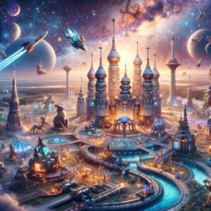 Enchanted Baikonur Cosmodrome with mythical creatures and spacecraft