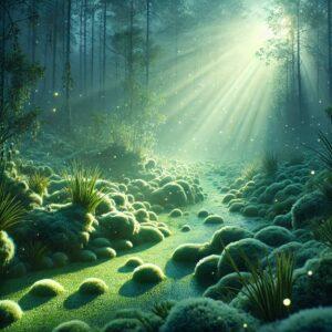 A 3D render of Estonia's Singi Swamp, showing lush green vegetation and an ethereal atmosphere.