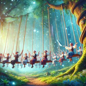 Estonian people singing and swinging on traditional swings in a lush forest.
