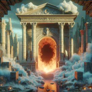 Ancient Gate to Hell in Hierapolis amidst ruins with misty gases