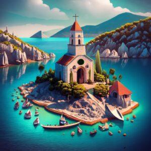 Gospa od Škrpjela, the man-made island of Montenegro in the Adriatic Sea.