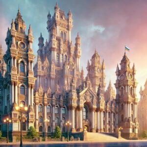 Grandiose Stalinist building in Belarus with imposing facades and intricate details in a 3D fantasy render