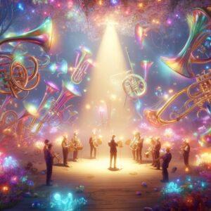 Magical trumpet festival in a fantasy 3D landscape celebrating brass music