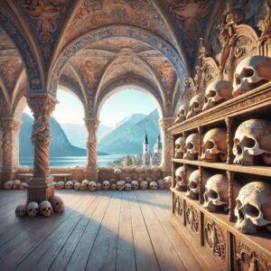 3D render of a fantasy-style ossuary in Hallstatt with intricately painted skulls
